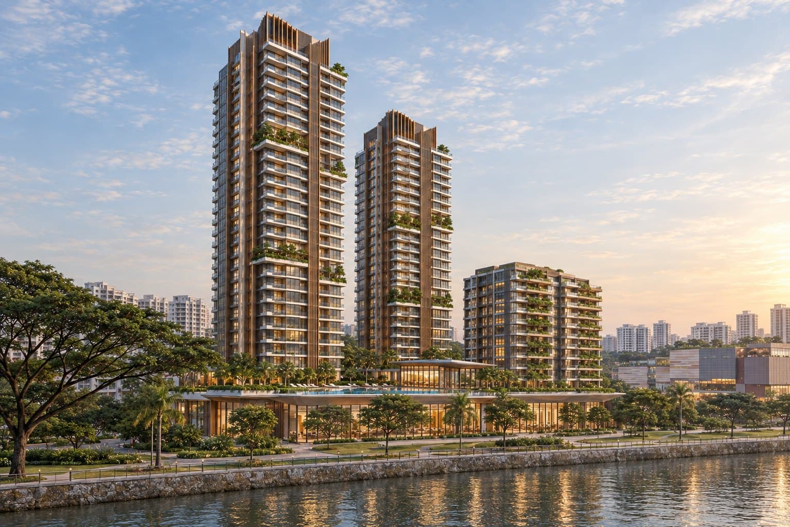 Conceptual impression of the two residential towers and the serviced-residence block seen from the river walk, balcony bands and sky terraces above the retail podium