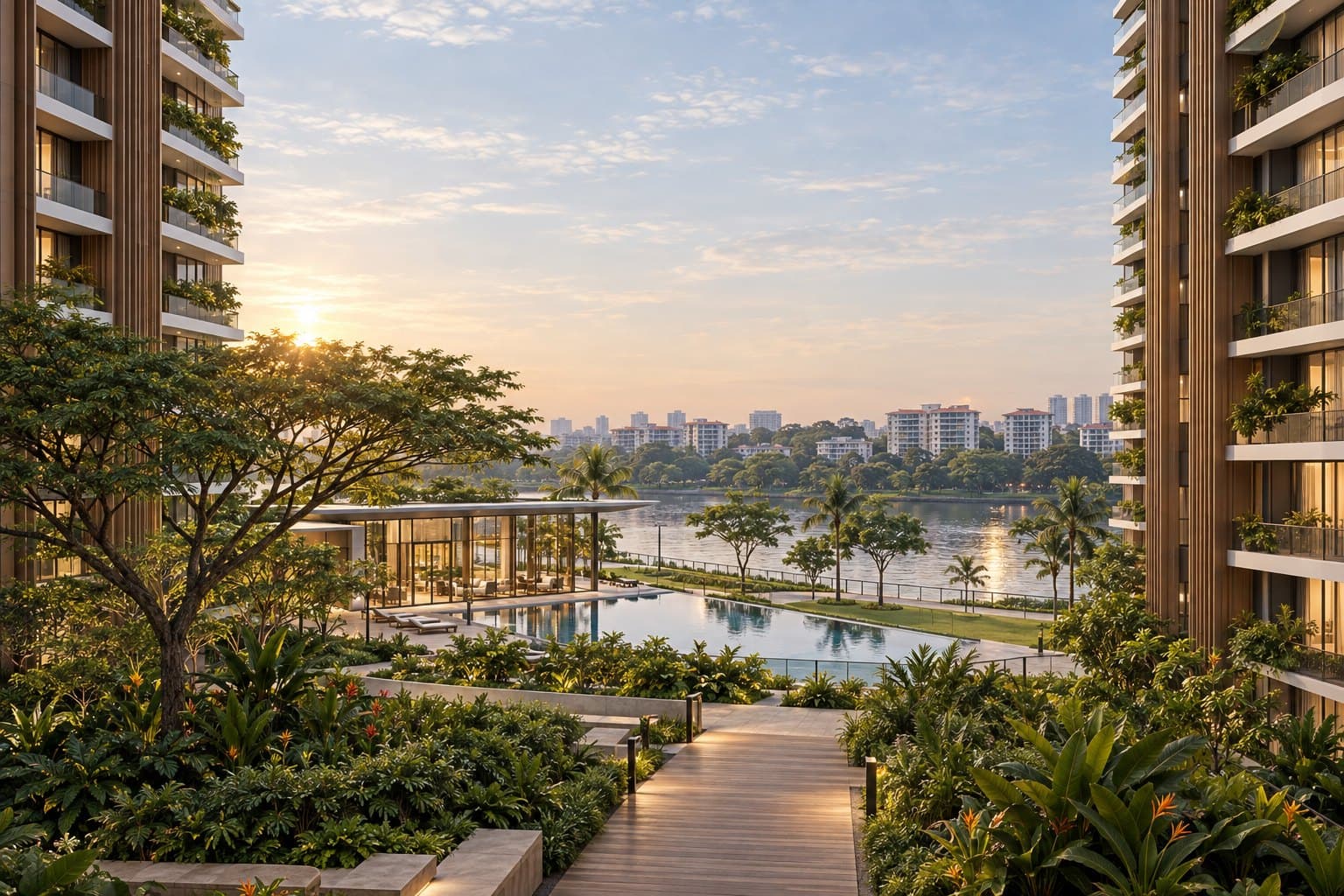 Conceptual impression of the landscaped podium garden between the towers, a timber walkway leading to the clubhouse pavilion, the pool and the Singapore River