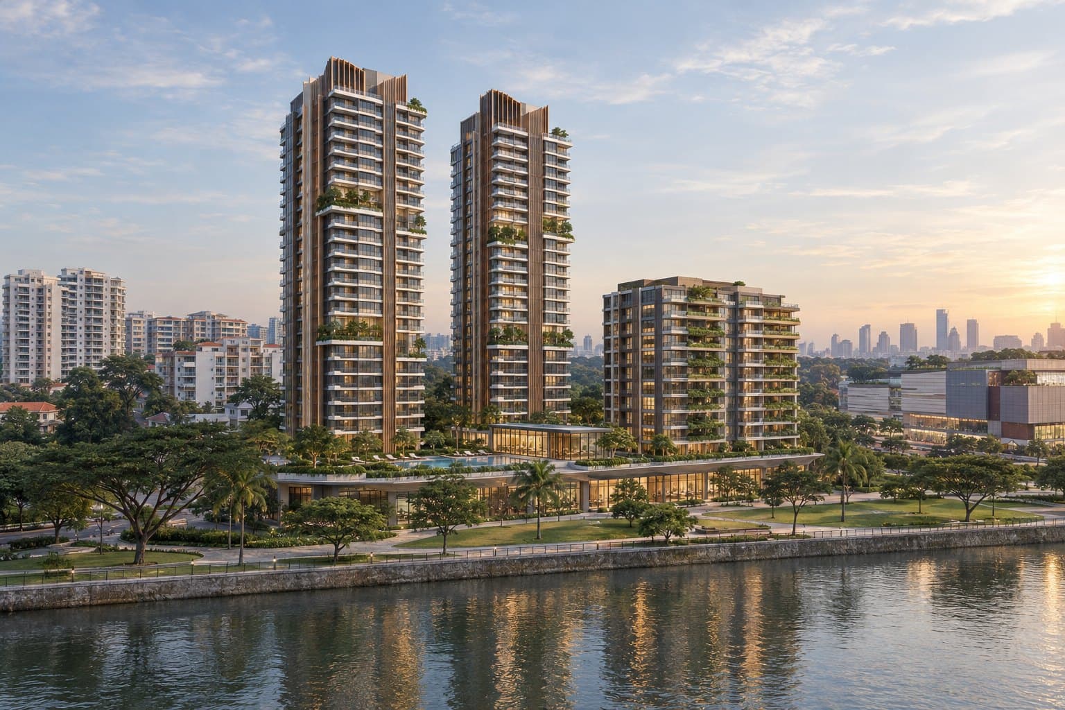 Conceptual impression of two slender residential towers with planted balconies and bronze fins, a mid-rise serviced residence and a retail podium on the Singapore River at River Valley Road in late-afternoon light