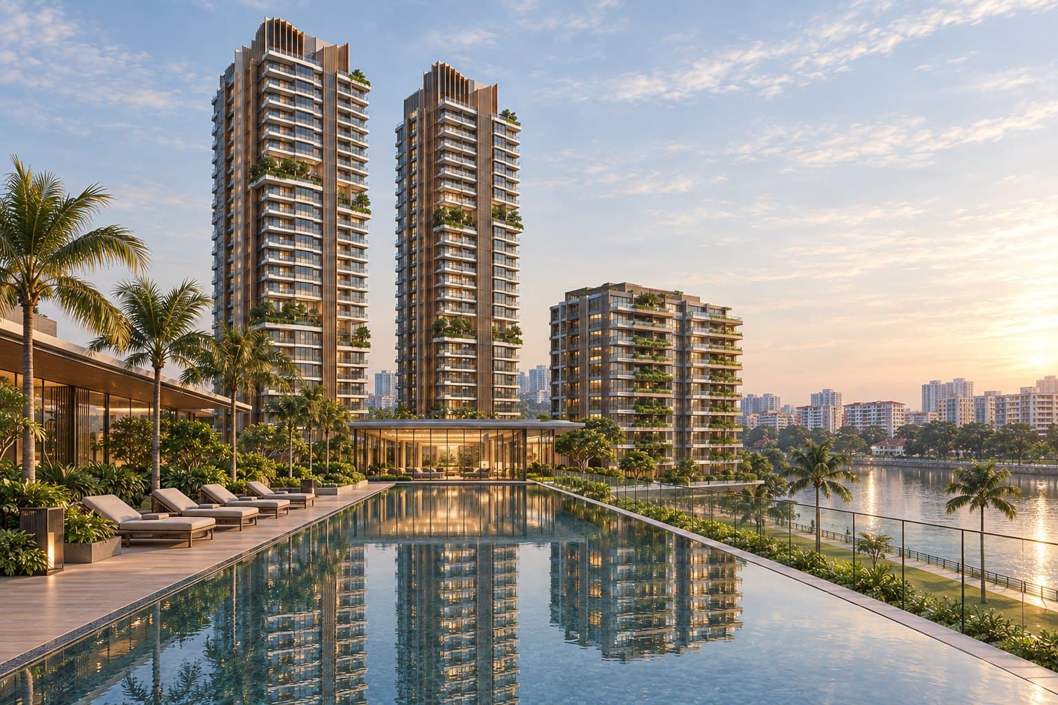 Conceptual impression of the podium lap pool reflecting the two towers, sun loungers and palms beside it and the Singapore River beyond the clubhouse pavilion
