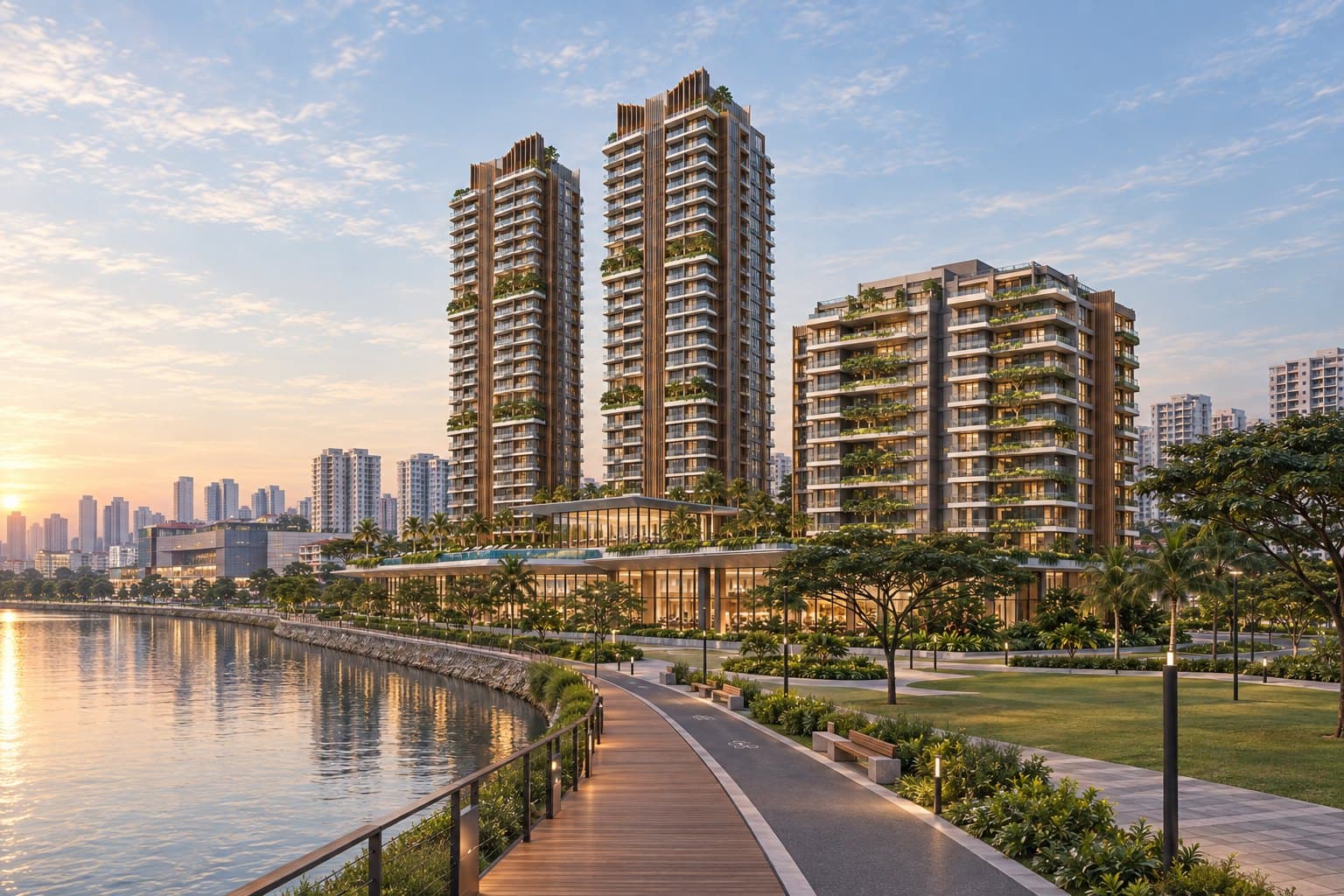 Conceptual impression of the riverside walk and cycling path along the Singapore River with open lawn, the retail podium and the towers above