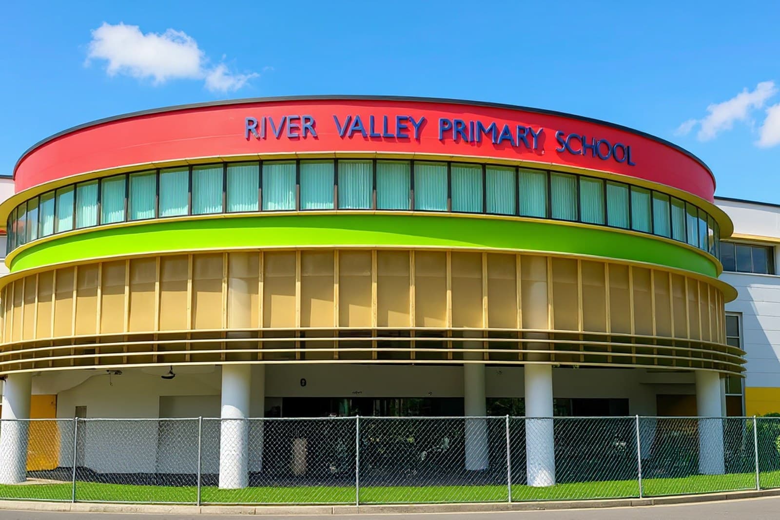 River Valley Primary School, its round entrance block banded in red, green and gold, under a clear blue sky