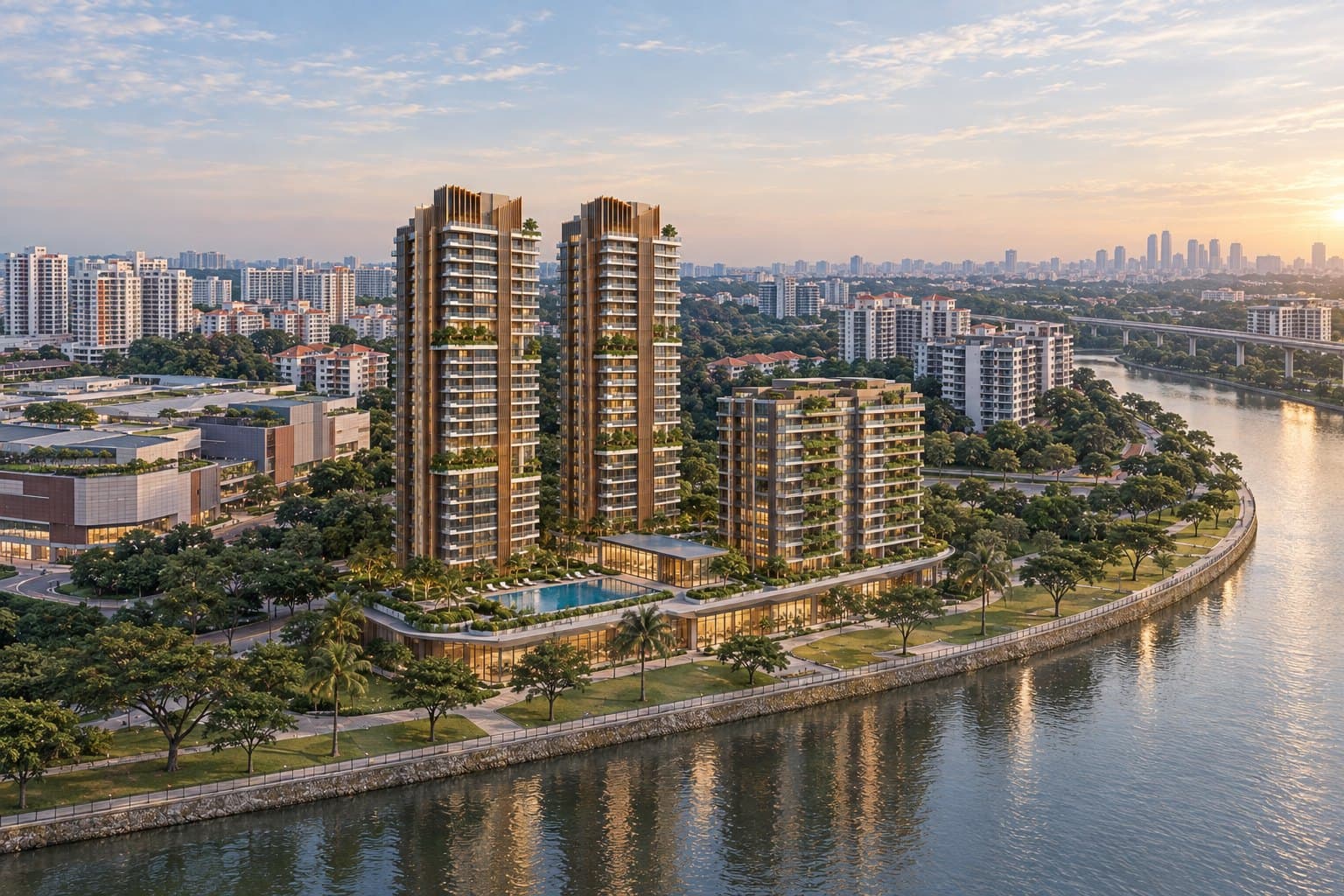 The River Opus, conceptual aerial view Conceptual aerial impression of the two towers, the serviced-residence block, the retail podium and pool deck on the Singapore River at River Valley Road, with Great World City beside it