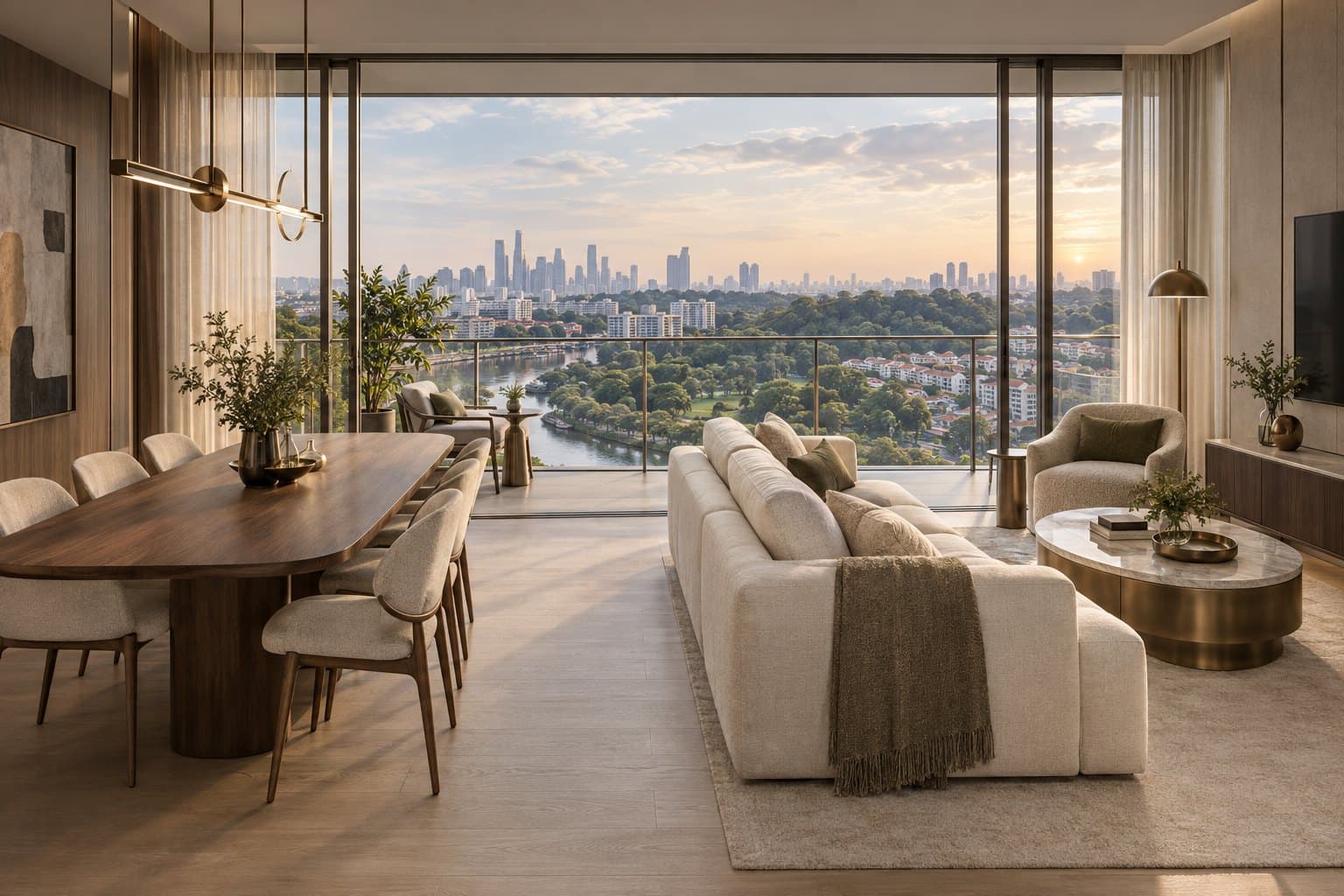 The River Opus, conceptual living and dining interior Conceptual impression of an open-plan living and dining room with full-height glazing and a balcony over the Singapore River, with the city skyline in the distance