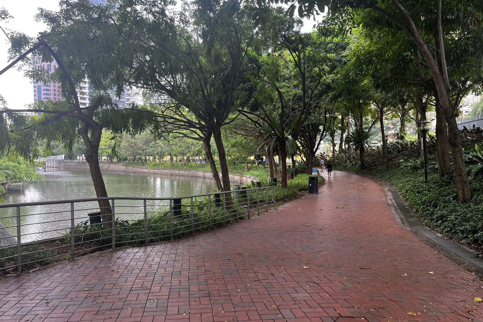The Singapore River at Kim Seng Park, downstream of The River Opus The Singapore River at Kim Seng Park with trees along the bank and condominiums behind