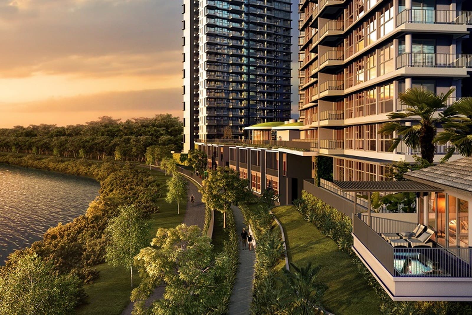 Rivertrees Residences at Fernvale, beside the Punggol river Rivertrees Residences at Fernvale, its tower above a planted riverside promenade at dusk