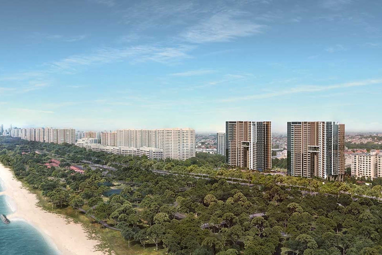 Seaside Residences at Siglap Link, completed by Frasers Property in 2021 Seaside Residences at Siglap Link, its towers rising behind East Coast Park and the shoreline