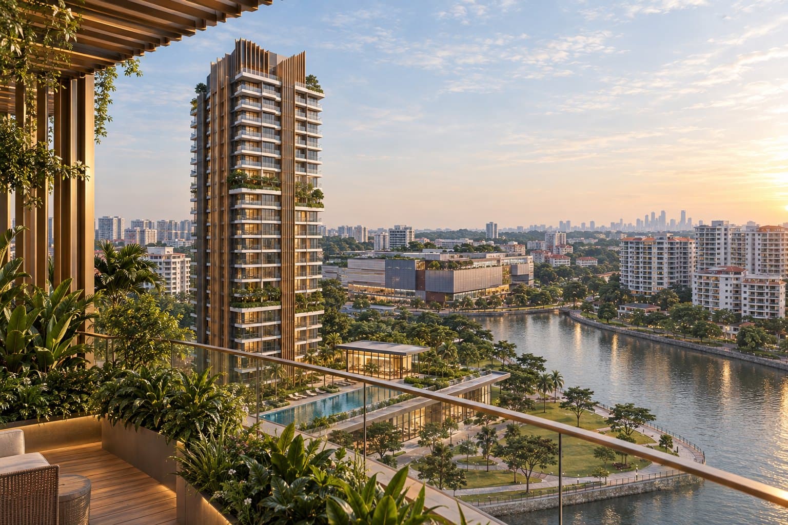 The River Opus, conceptual sky terrace Conceptual impression of a planted sky terrace looking across at the second tower, down to the pool deck, Great World City and the Singapore River