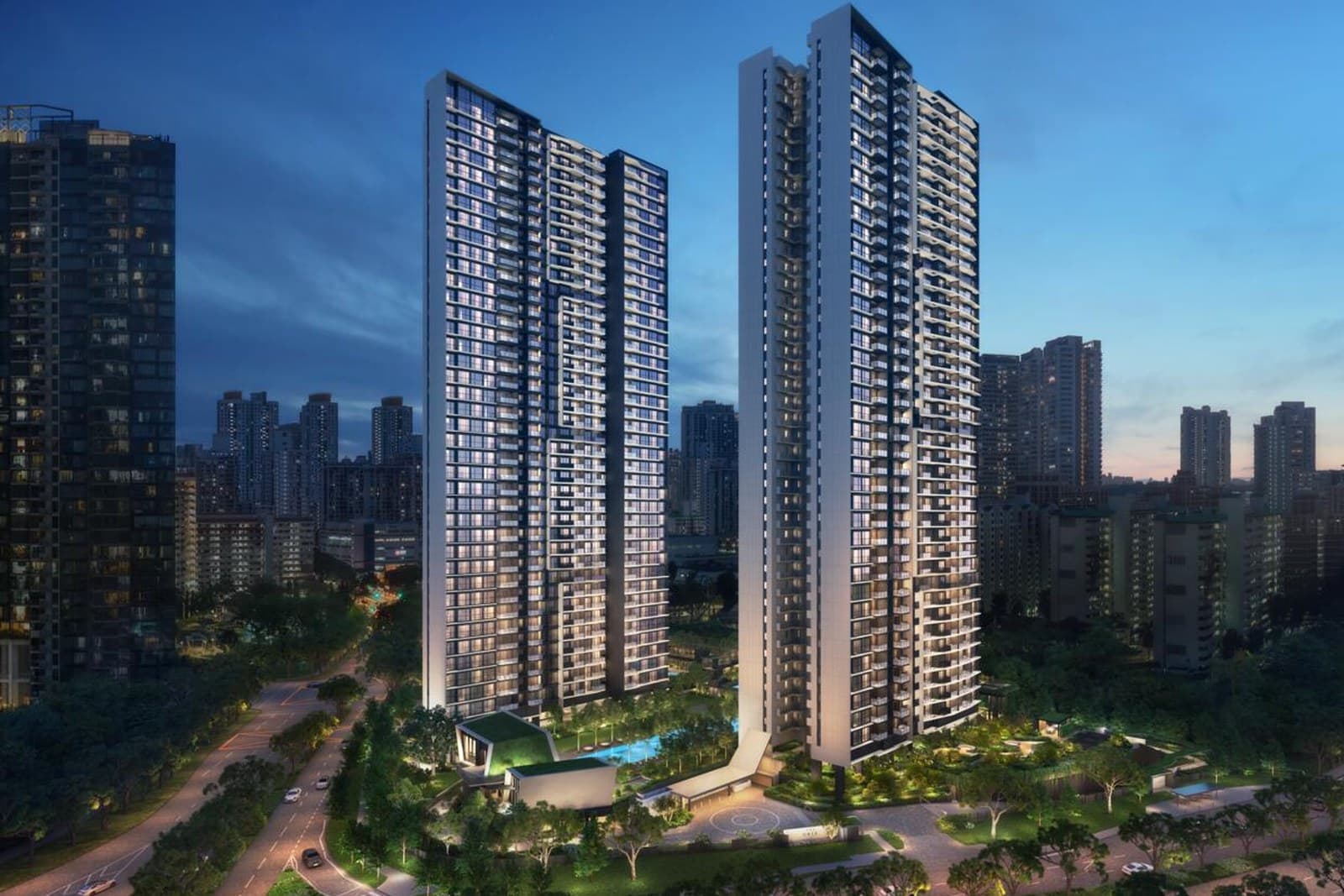 The Orie at Lorong 1 Toa Payoh, in Frasers Property's current portfolio Artist impression of The Orie at Lorong 1 Toa Payoh, twin residential towers lit at dusk