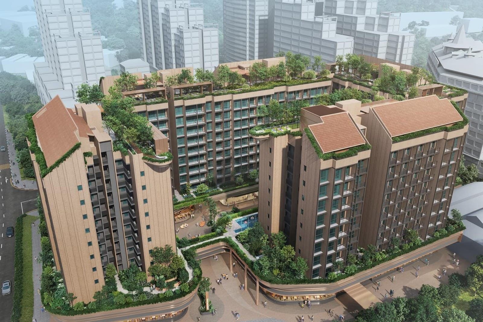 The Robertson Opus, Frasers Property's 999-year launch at Robertson Quay Aerial artist impression of The Robertson Opus at Robertson Quay, low-rise blocks with planted roof terraces