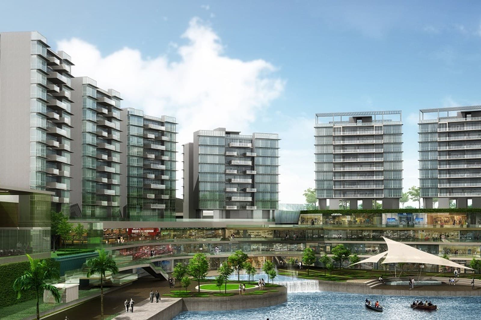 Watertown at Punggol, one of Frasers Property's earlier large projects Watertown at Punggol, residential blocks above a waterfront retail podium beside the waterway